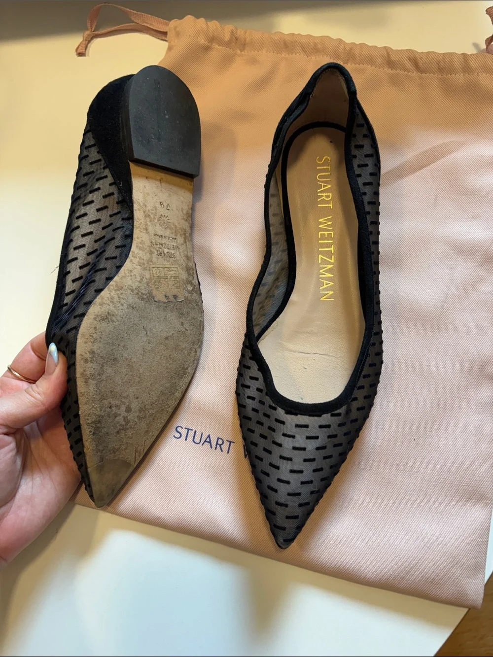 Stuart Weitzman Black Mesh Pointed Ballet Flats